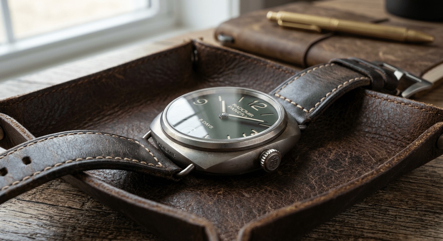 A close-up of a ZF Factory Panerai Radiomir case, showcasing its distinct cushion shape and wire lugs with a subtle, aged finish.