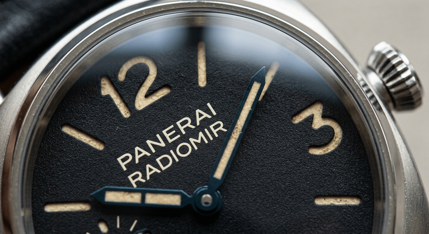 A magnified view of a ZF Radiomir dial, showing the intricate, non-uniform texture of the aged lume and subtle discoloration.