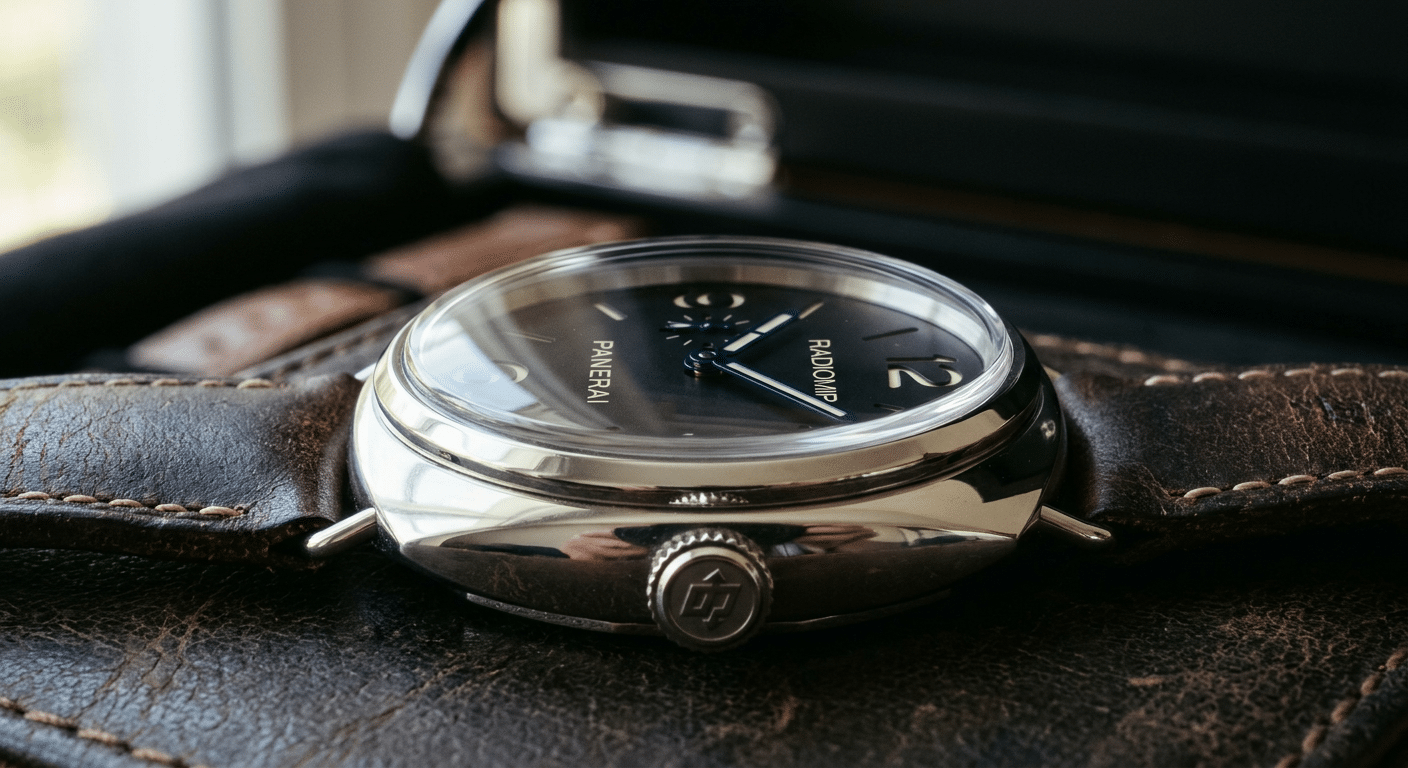 A side profile of a ZF Radiomir, highlighting the pronounced dome and subtle magnification effect of its plexiglass crystal.