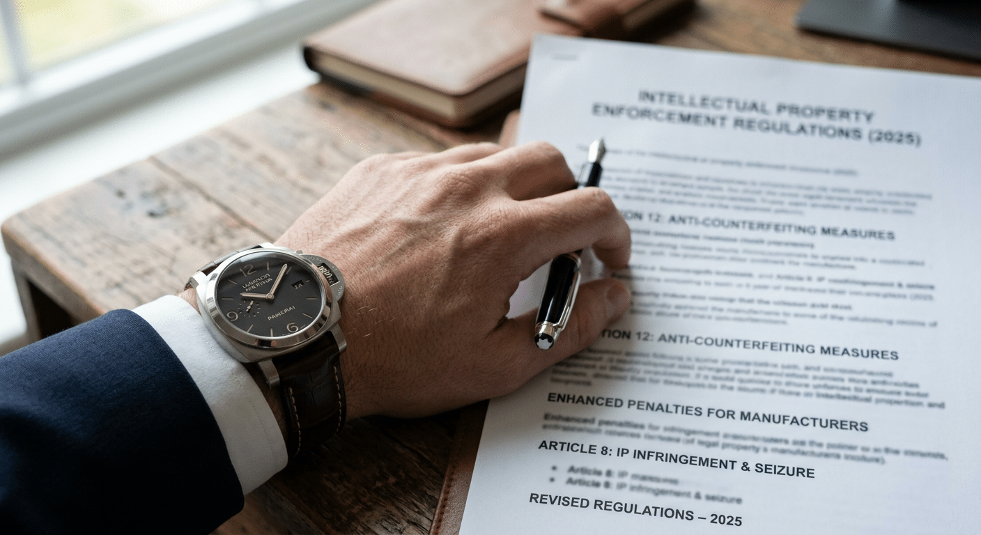 Close-up of a blurred legal document outlining IP enforcement regulations from 2025, hinting at increased pressure on manufacturers.