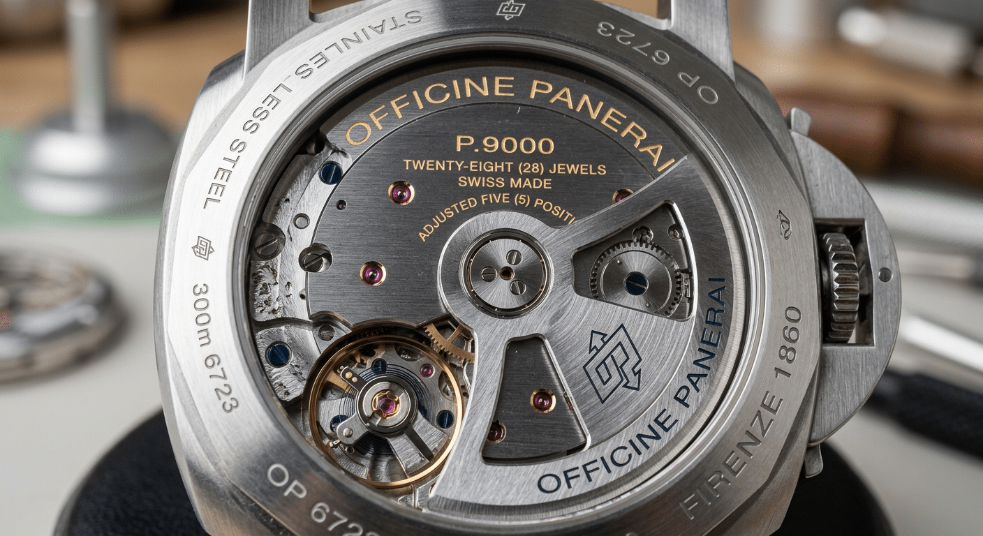 Close-up macro shot of an early VSF P.9000 movement, showing visible machine marks on the mainplate and bridge edges.