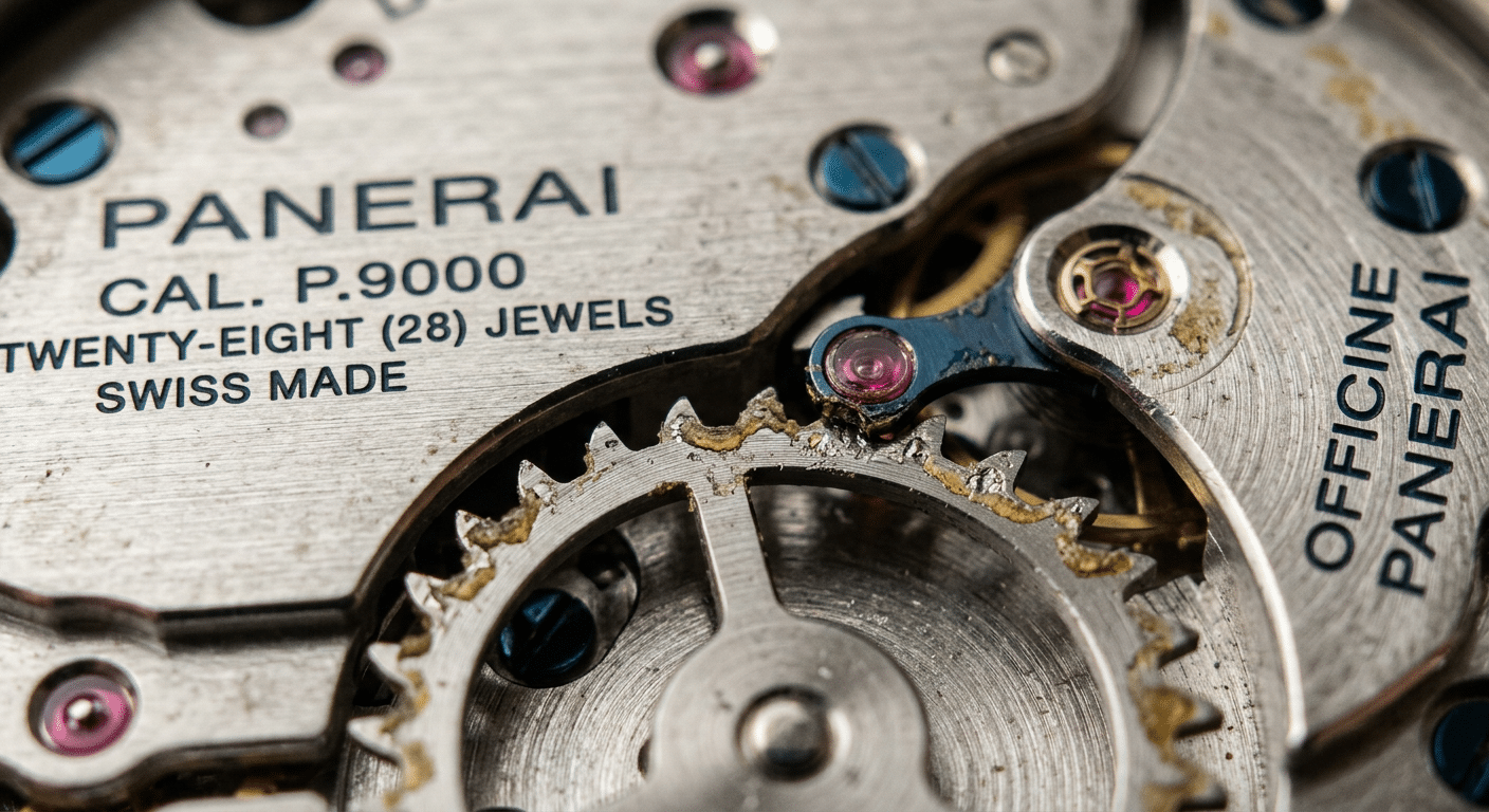 Microscopic view (100x) of an early VSF escapement, showing dried lubricant residue and minor pitting on escape wheel teeth.