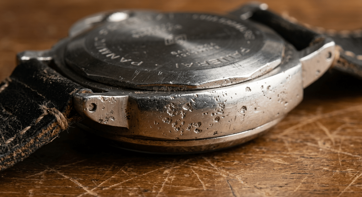 A close-up of a cheap Panerai replica case showing visible pitting and an uneven surface finish.