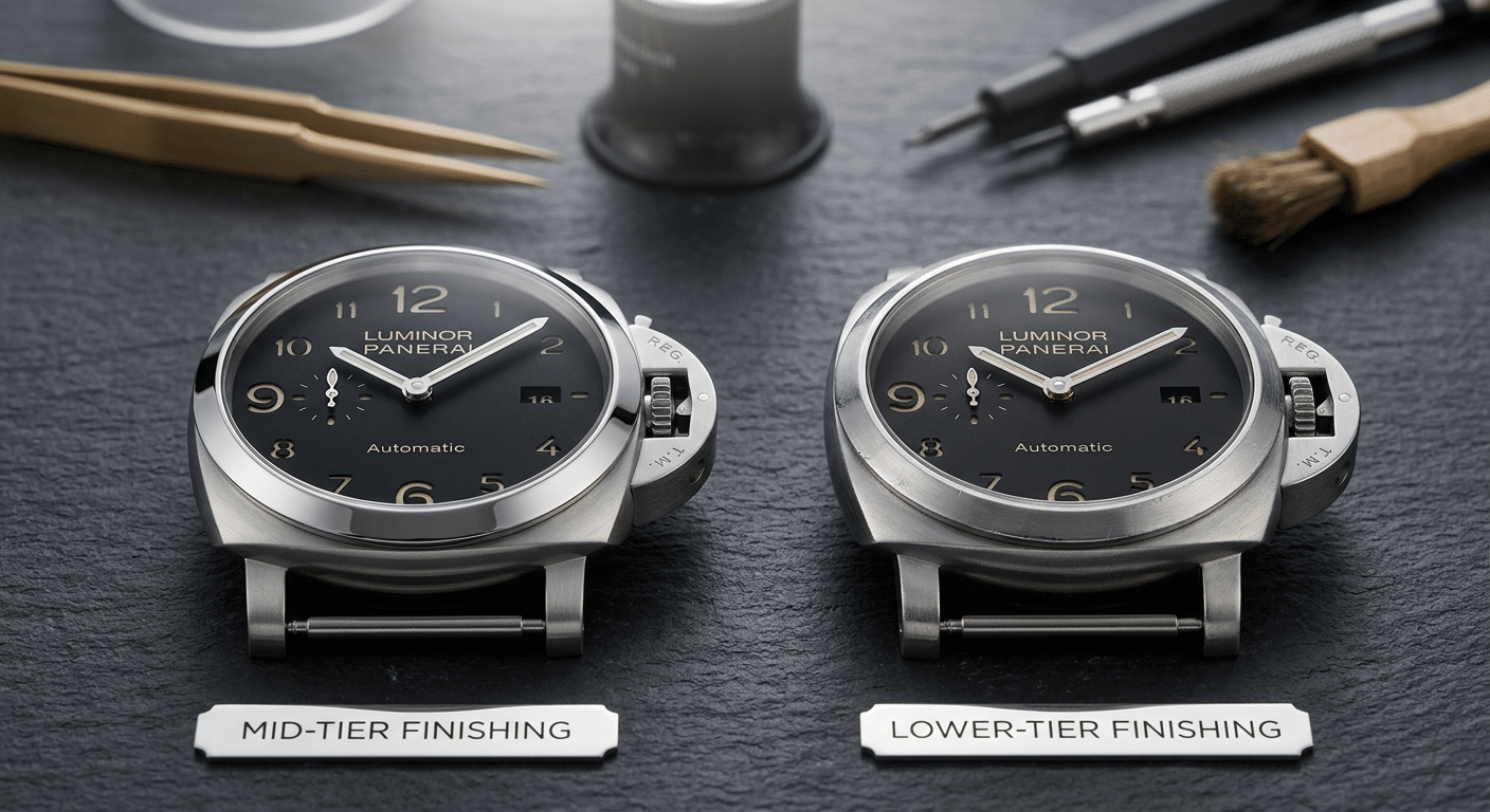 A side-by-side comparison of a mid-tier Panerai replica case and dial with a lower-tier version, highlighting improved finishing.