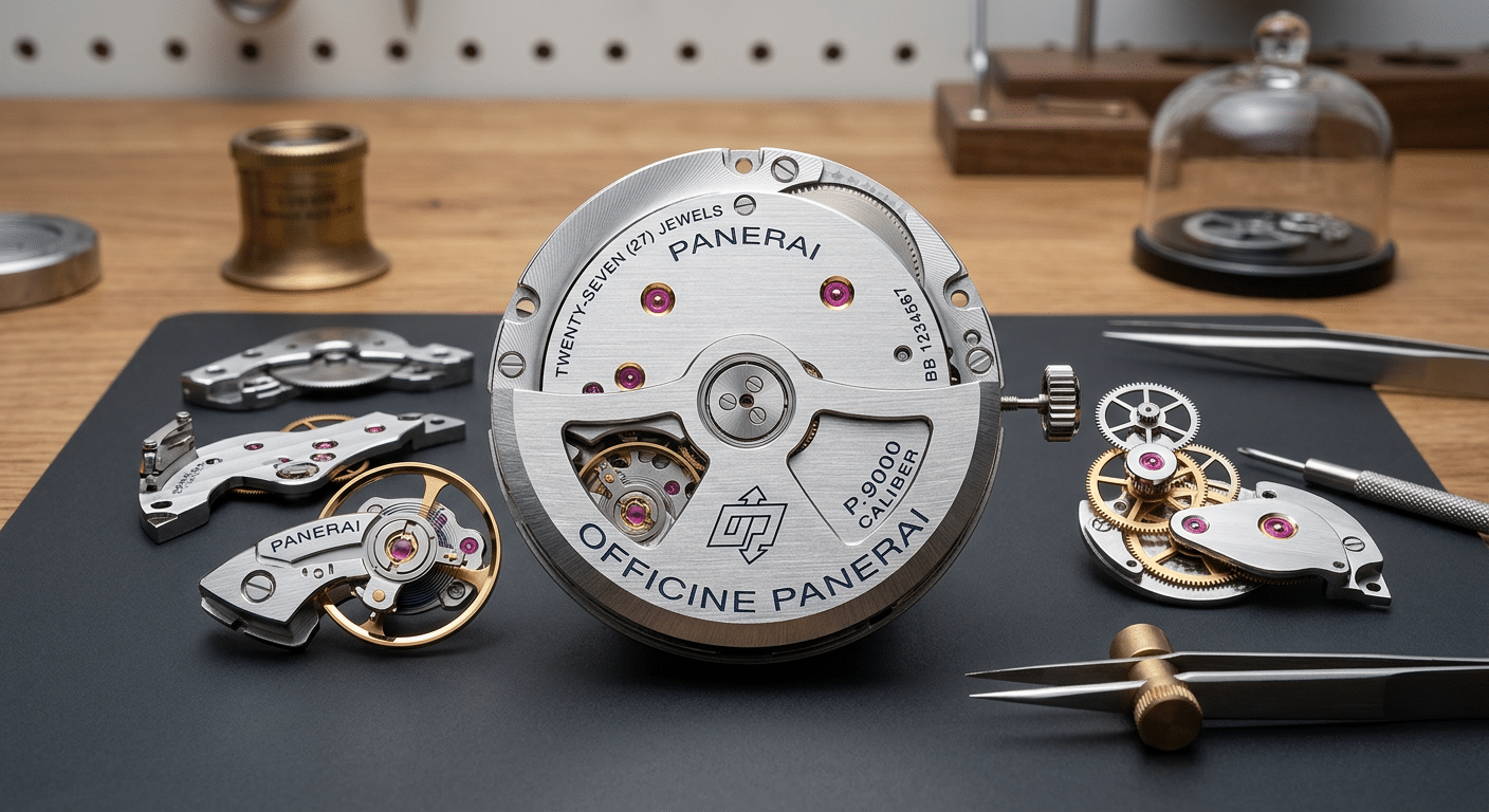 A disassembled Super Clone Panerai movement revealing rhodium plating and synthetic ruby jewels.