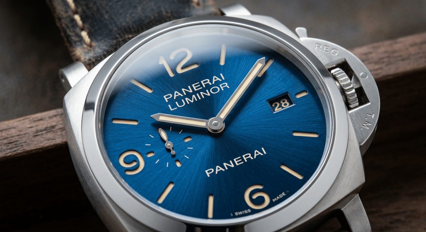 A close-up macro shot of a Panerai sunburst dial, showing crisp radial brushing and sharp hour markers.
