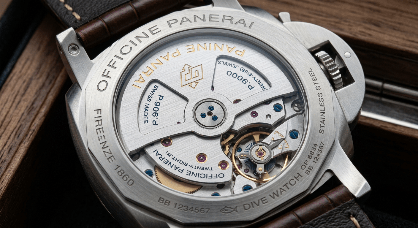 A close-up view of a Panerai clone P.9000 movement through a display caseback, showing bridge decoration and rotor.