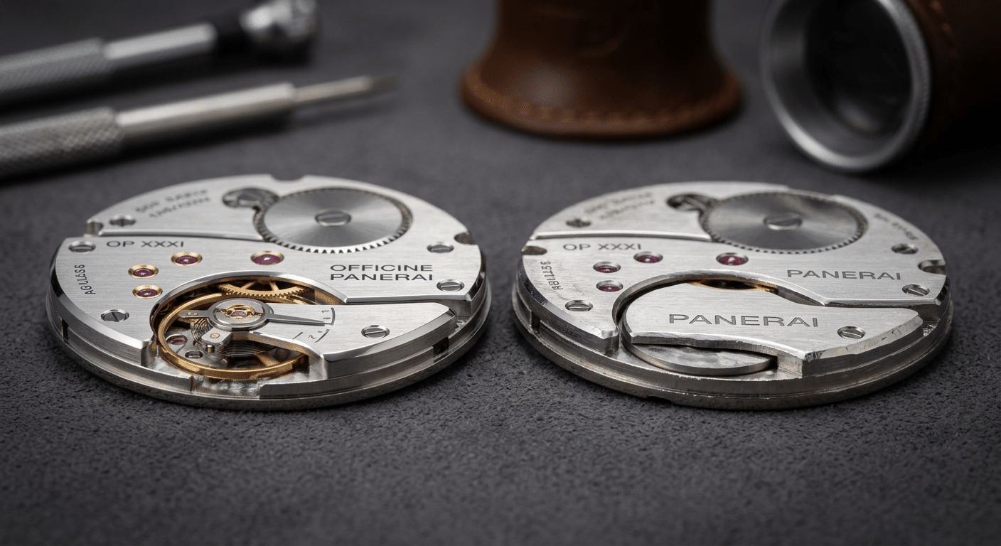 Macro shot of a genuine Panerai Luminor 1950 movement bridge next to a Super Clone movement bridge, highlighting differences in beveling.