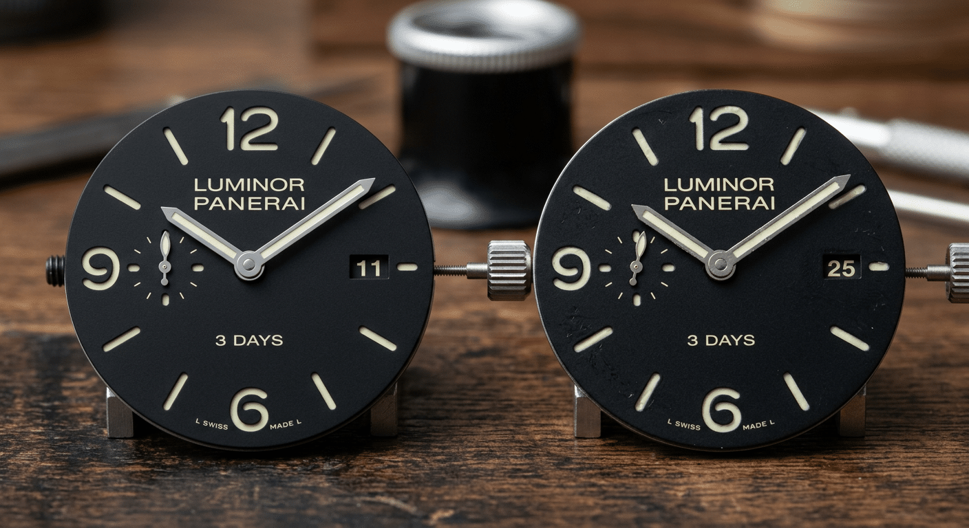 Close-up comparison of a genuine Panerai Luminor 1950 dial and a Super Clone dial, focusing on text crispness and lume application.