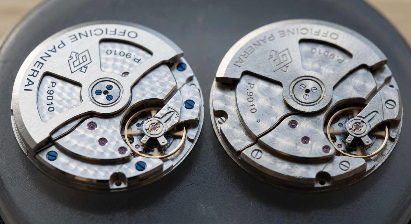 Detailed macro shot of a genuine Panerai P.9010 movement's perlage and anglage, contrasting with a clone's less refined finishing.