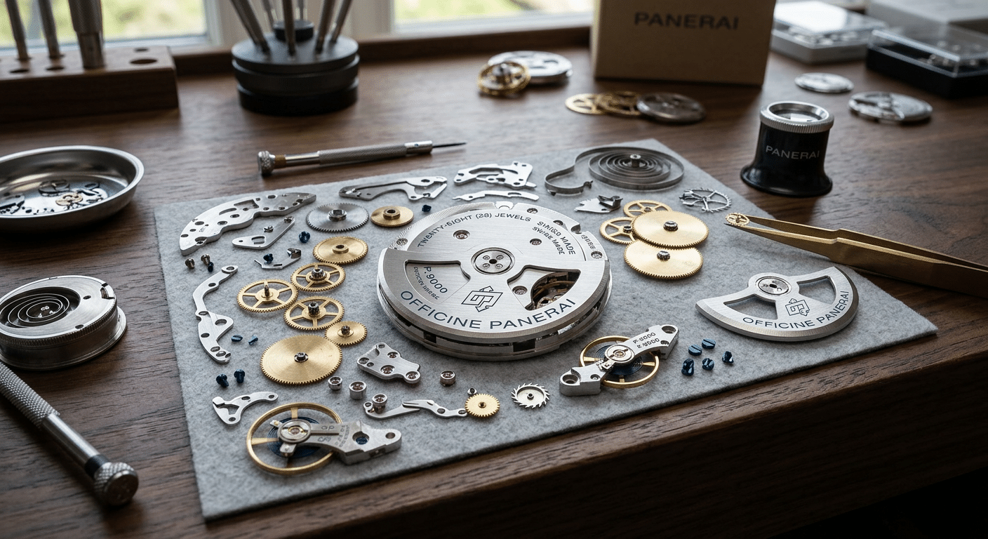 Close-up view of a disassembled Panerai P.9000 super clone movement showing plates and gears.