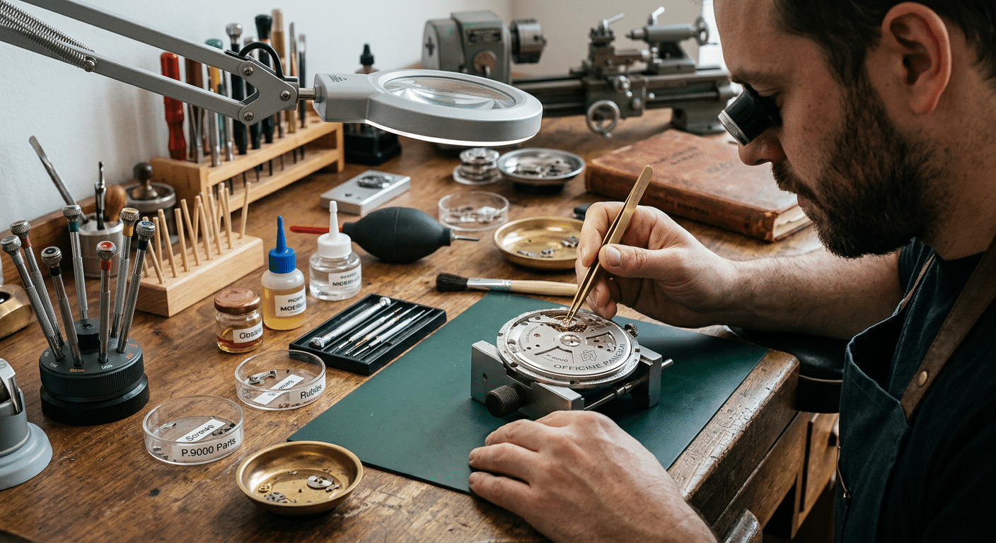 Watchmaker's bench with specialized tools and a partially disassembled Panerai P.9000 clone movement.