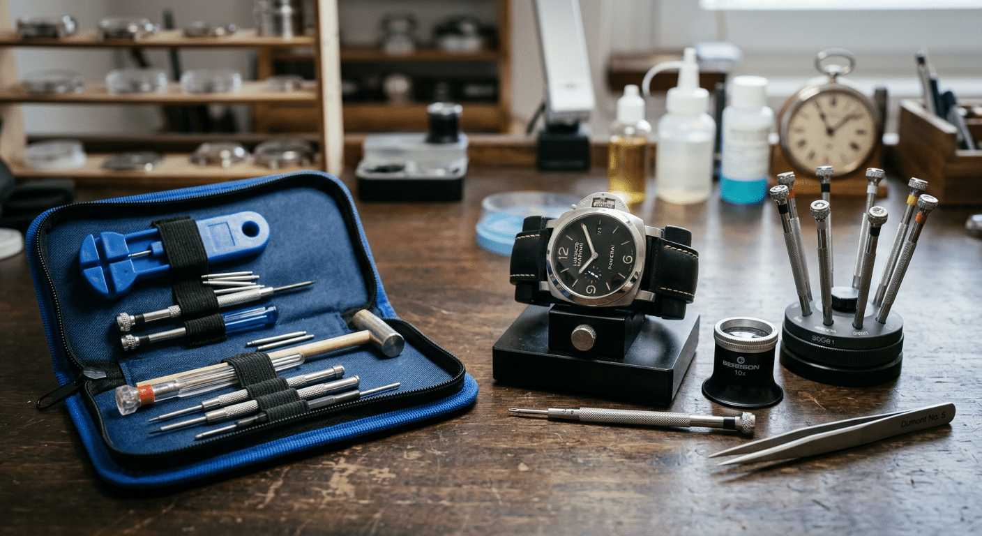 A generic watch repair kit with standard tools, contrasting with specialized horology equipment.