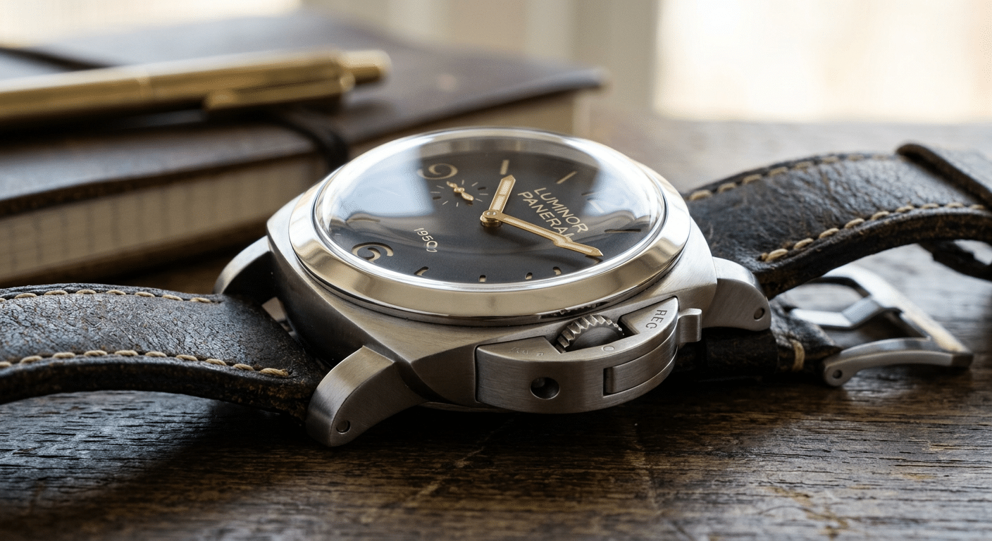 A close-up side profile of a Panerai Luminor 1950 47mm watch showing its thick case and straight lugs.
