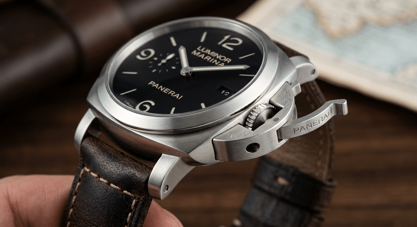 A detailed view of a Panerai Luminor crown guard mechanism extending prominently from the watch case.