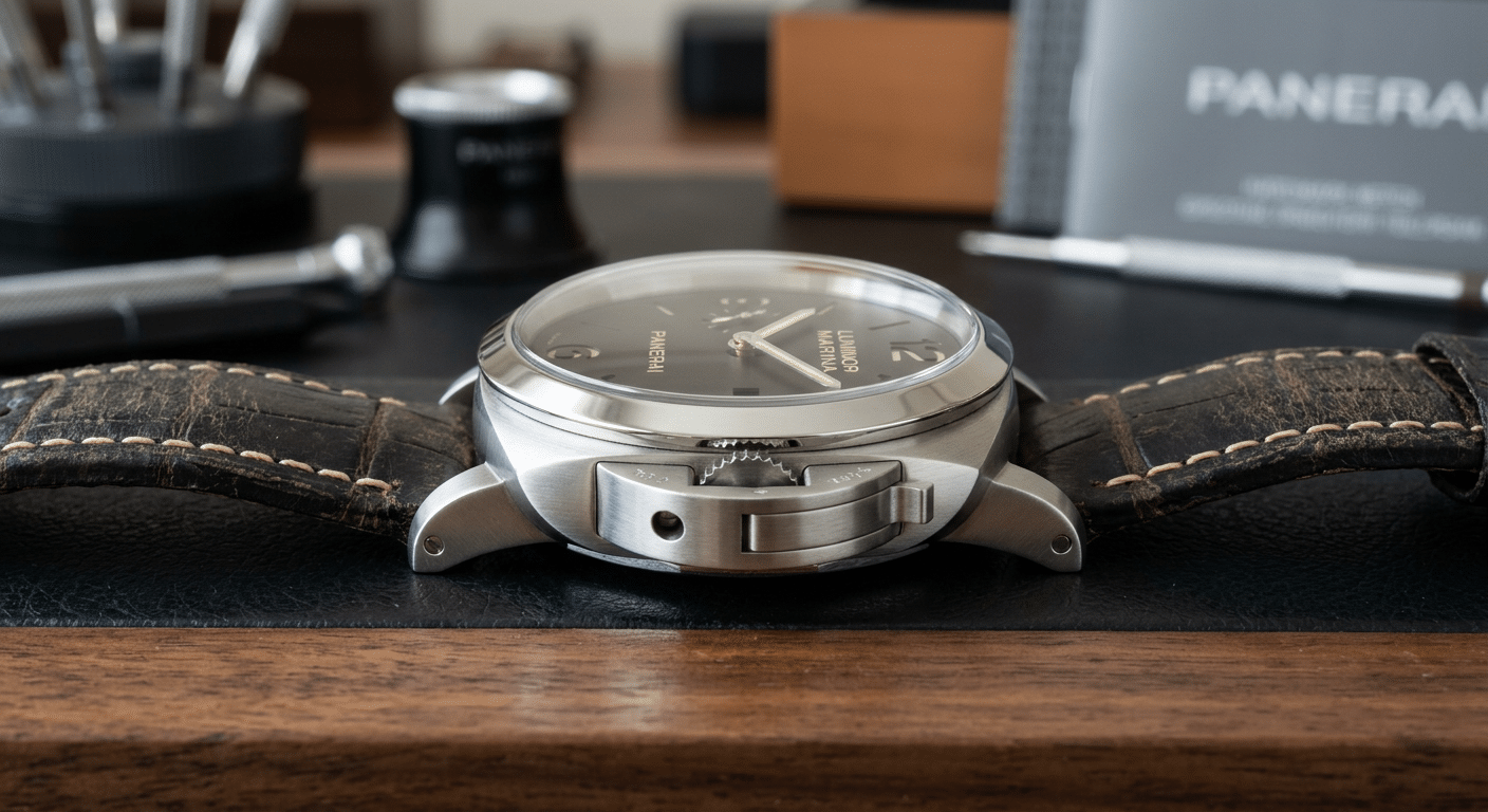 A side view of a Panerai Luminor case highlighting its substantial thickness and height.