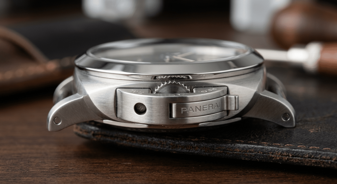 A close-up, high-magnification view of a Panerai Luminor case side, showing precise brushing and sharp edges, with a visible crown guard lever.