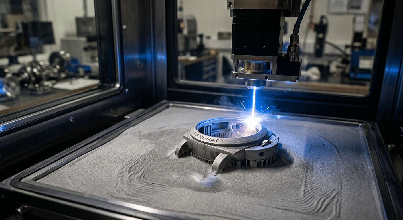 A 3D printer depositing layers of metal powder, with a laser beam fusing the material to create a complex watch case component.