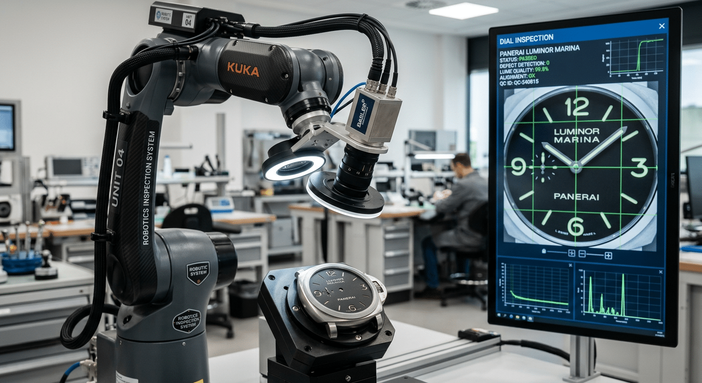 Robotic arm inspecting a watch dial with a high-resolution camera, displaying a digital analysis overlay.