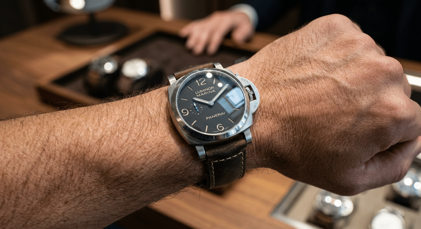 A close-up shot of a Panerai Luminor Marina on a wrist during a 
