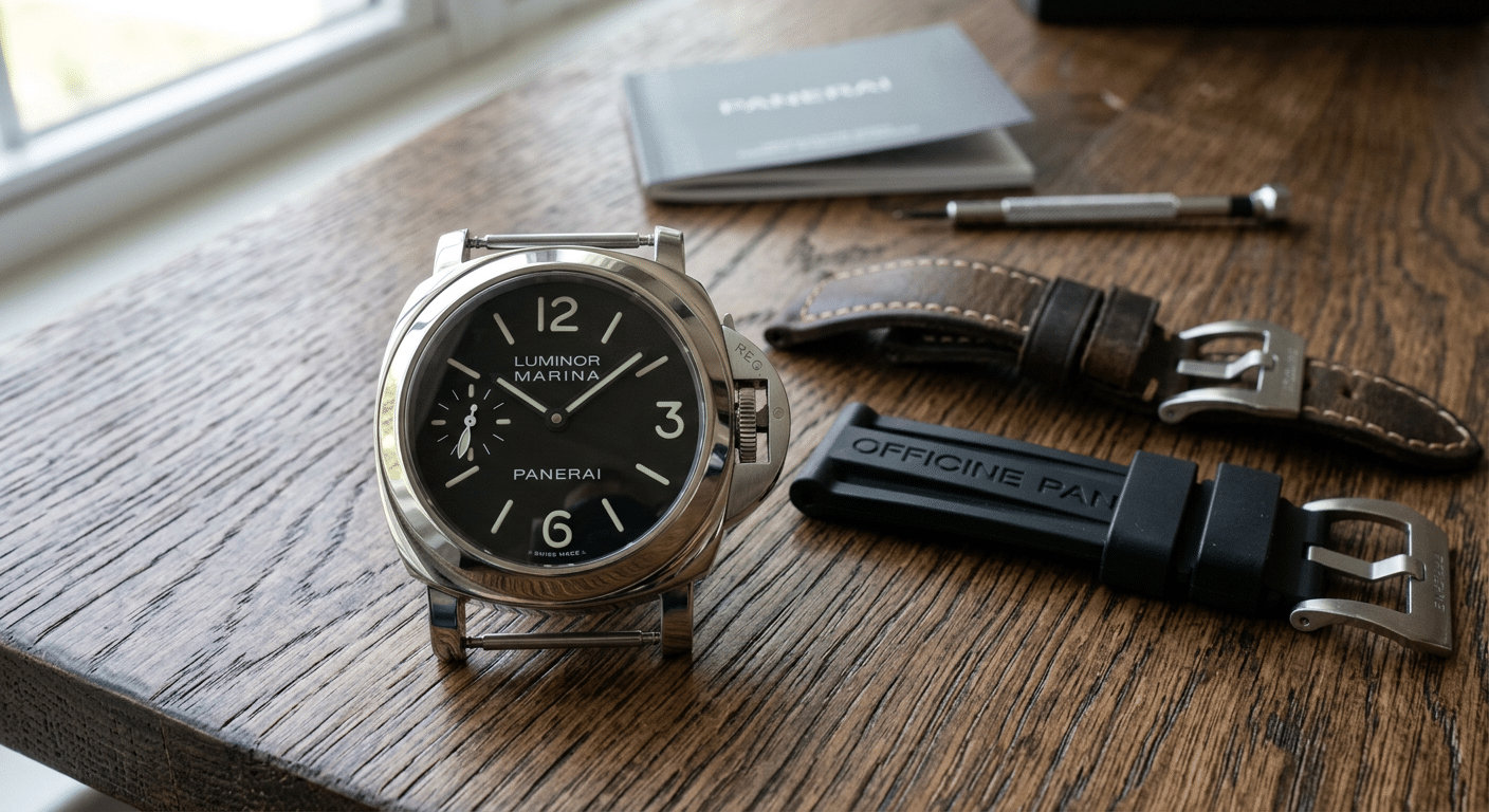 A Panerai PAM111 showcasing its quick-change strap system with two different straps laid beside it.