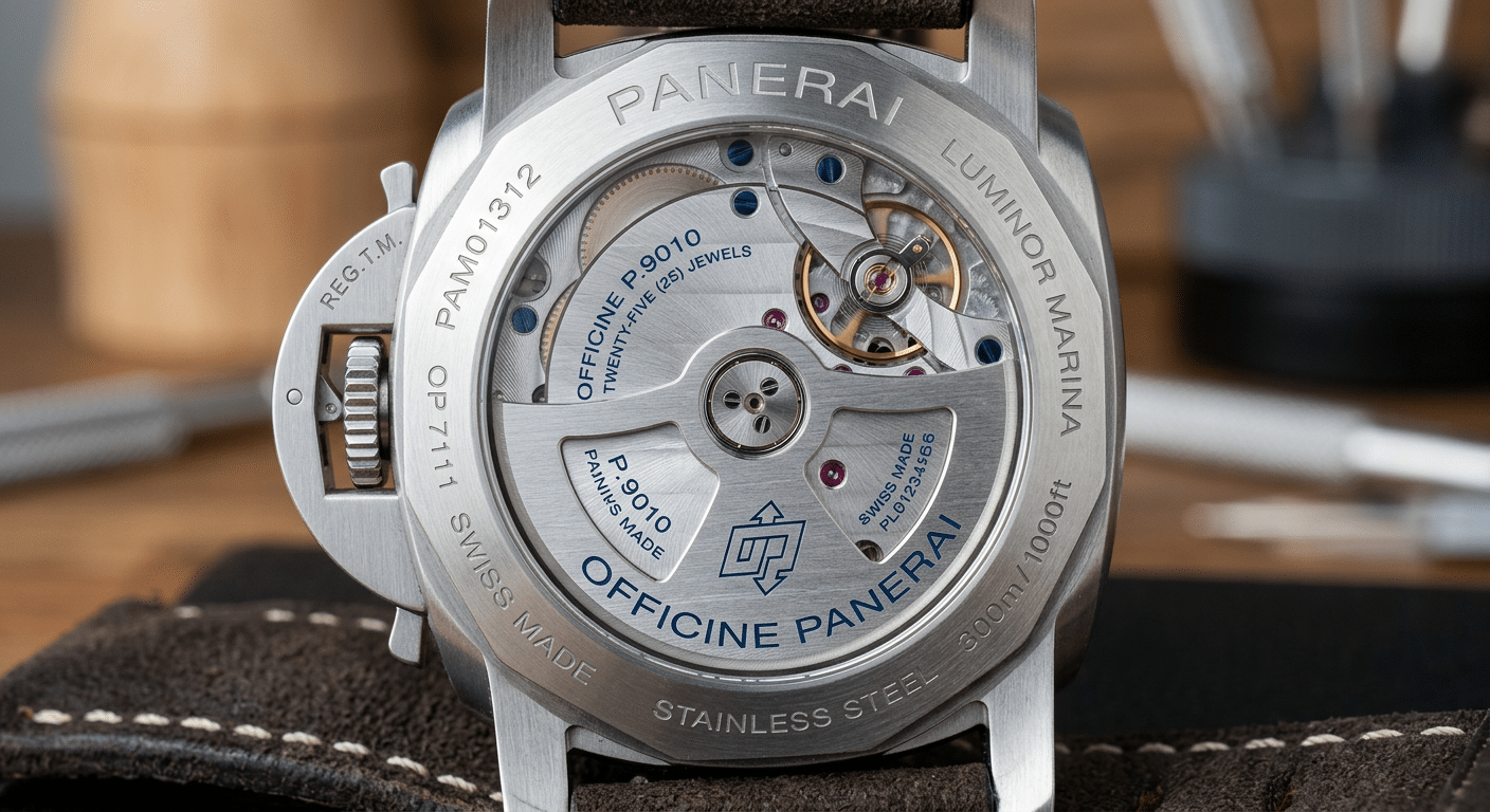 A close-up view of the Panerai PAM1312's sapphire display caseback, revealing the P.9010 movement.