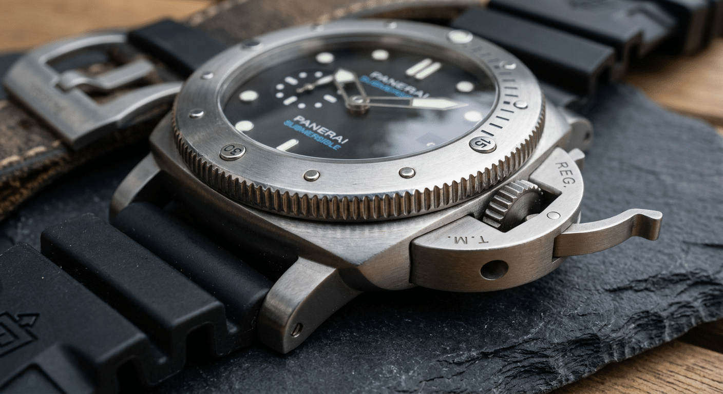A close-up shot of a Panerai Luminor Submersible's unidirectional bezel and crown guard, highlighting their robust construction.
