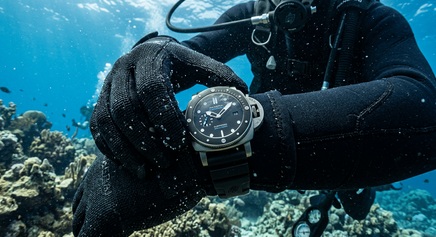 A diver's gloved hand rotating the bezel of a Panerai Submersible underwater, demonstrating practical use.