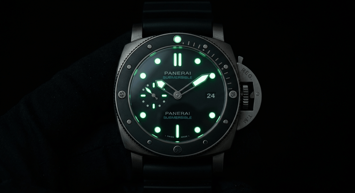 A Panerai Submersible dial glowing brightly in complete darkness, showcasing its lume performance.
