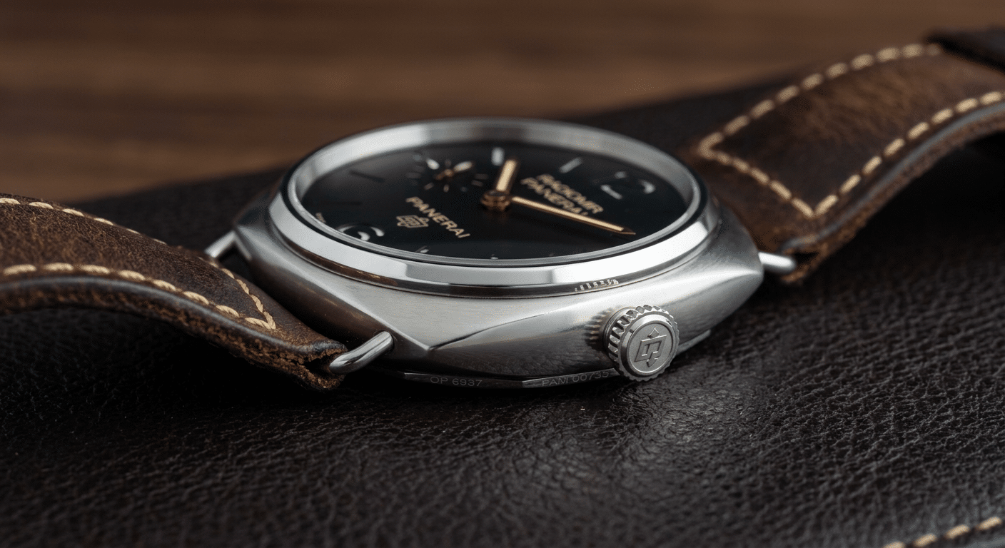 Close-up of a Radiomir case side profile showing the gentle curvature and slender wire lugs.