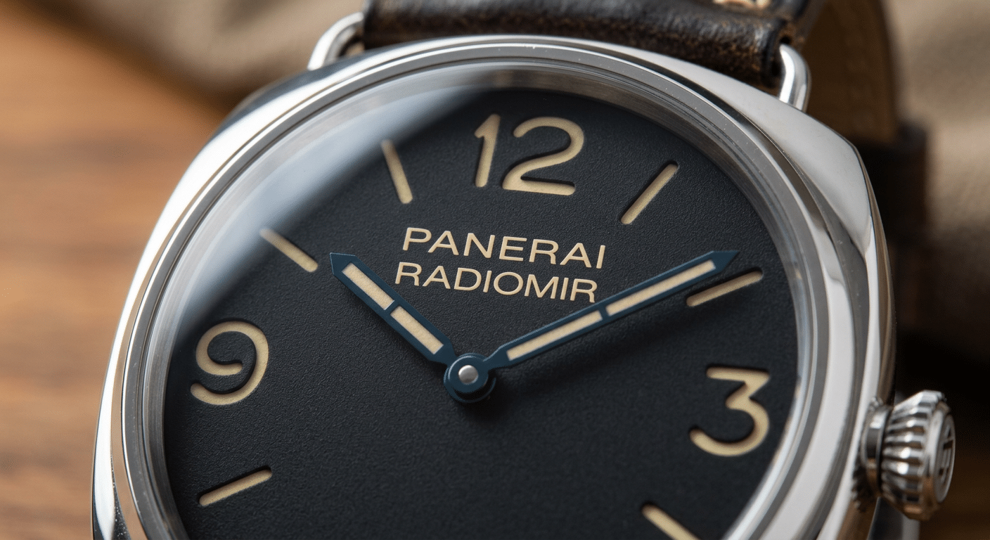 Close-up of a Radiomir dial, highlighting the font and spacing of the numerals and text.