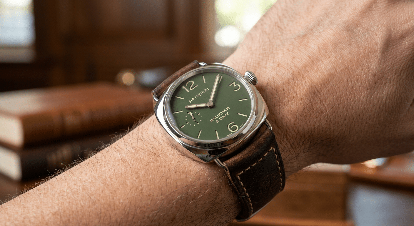 Close-up of a Panerai Radiomir with wire lugs, showcasing the visual separation between the case and the strap.