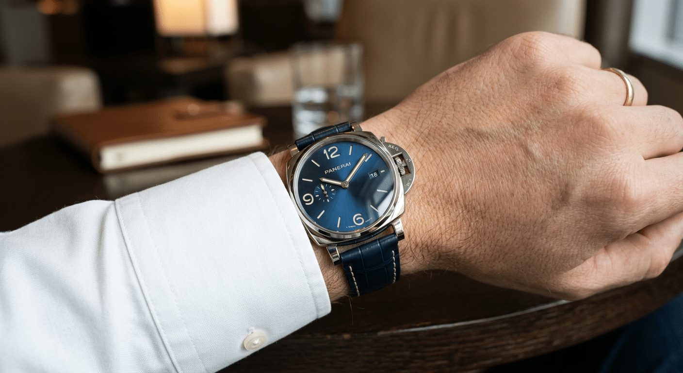 A close-up shot of a Luminor Due PAM904 with a blue sunburst dial, peeking out from under a crisp white shirt cuff, demonstrating its slim profile and wearability.