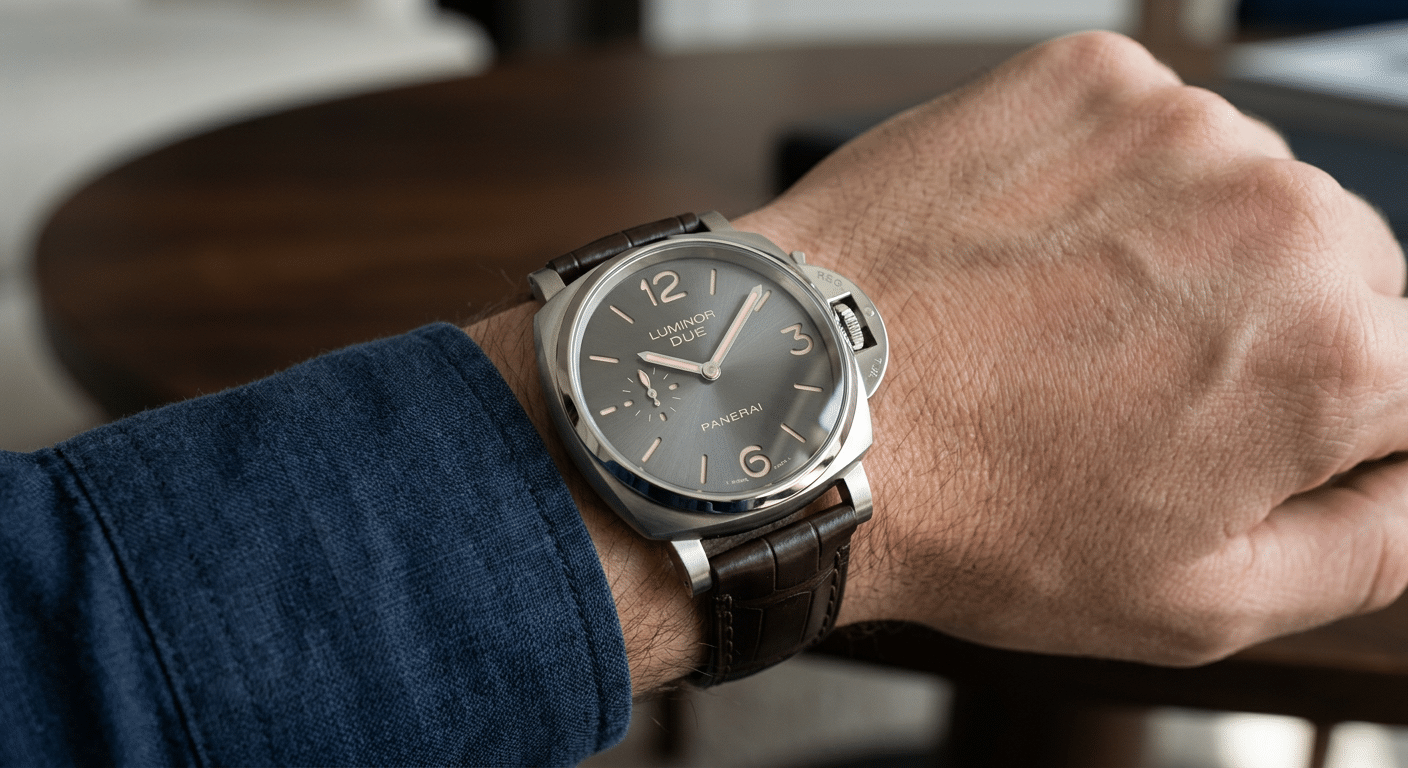A close-up of a Panerai Luminor Due PAM904 on a wrist, showing the interaction of light on its polished bezel and brushed case.