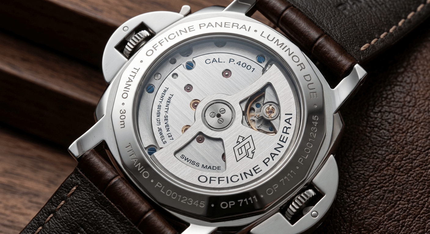 A close-up of a Panerai Luminor Due movement through a sapphire caseback, showing the compact rotor and bridges.