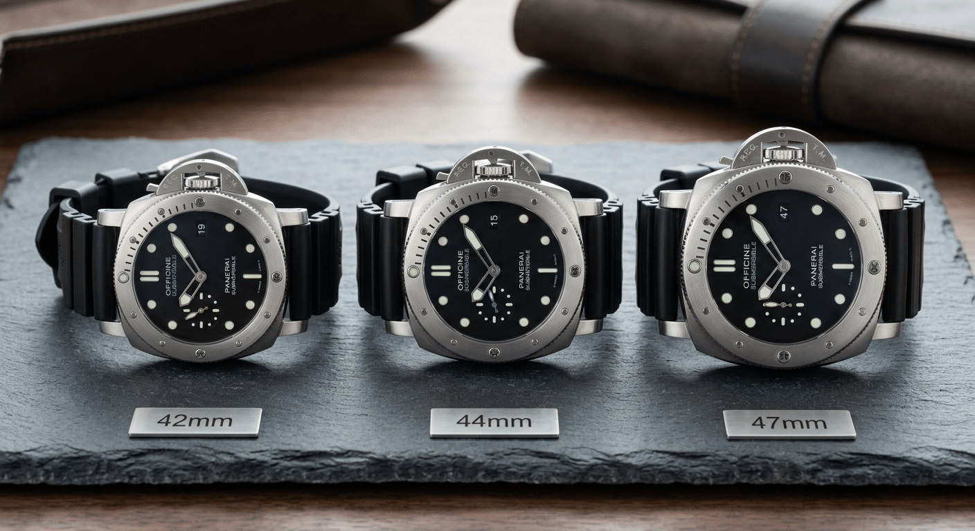 A side-by-side comparison of 42mm, 44mm, and 47mm Panerai Submersible cases, highlighting their proportional differences.