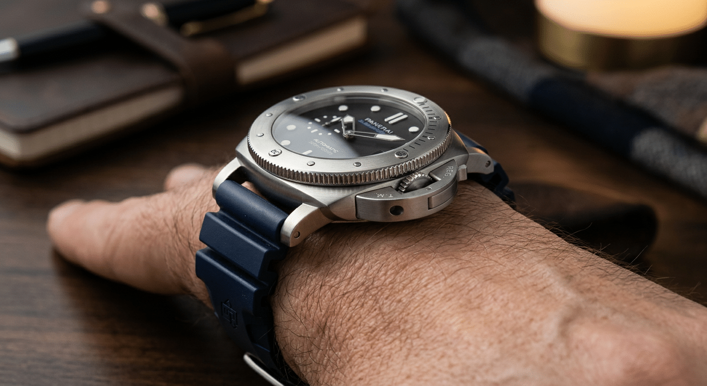 A close-up side profile of a Panerai Submersible, emphasizing its case thickness and crown guard.