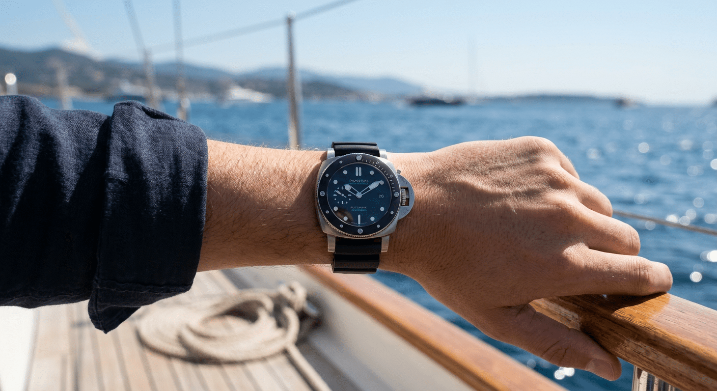 A Panerai 42mm Submersible (e.g., PAM973 or PAM683) on a smaller wrist, showcasing its proportional fit.