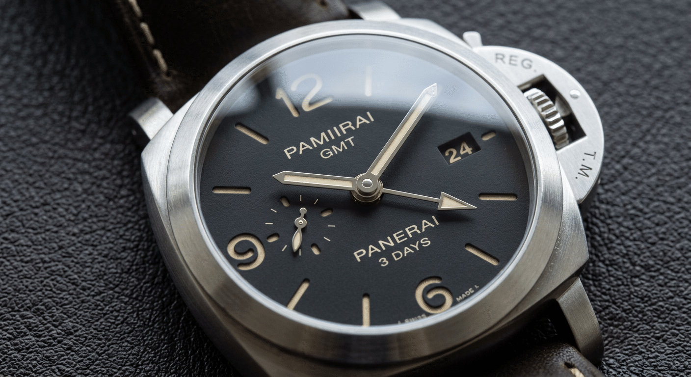 A close-up of the Panerai PAM320 dial, highlighting the independent hour hand and date window.