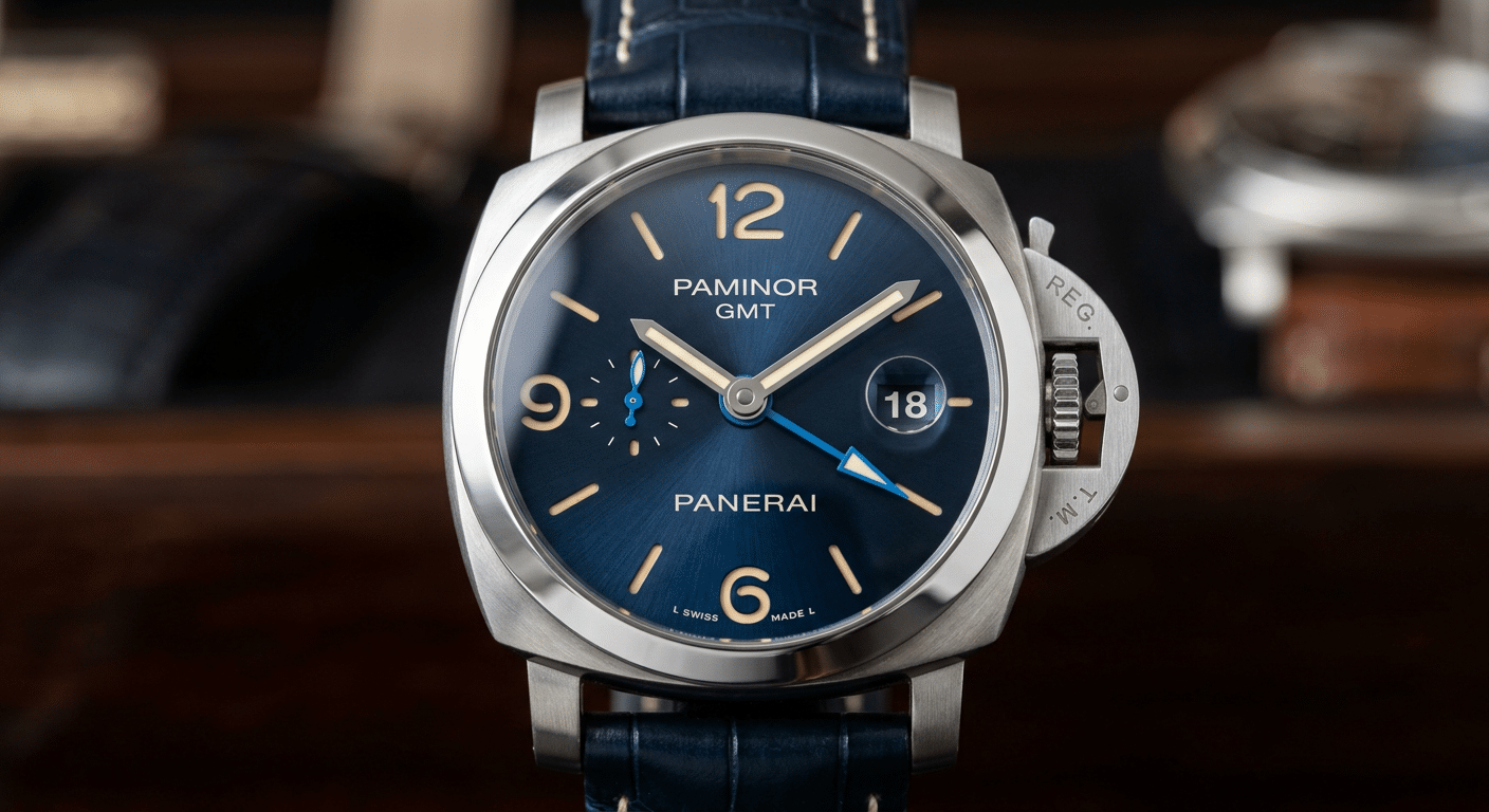 A detailed shot of the Panerai PAM1033 dial, focusing on the 24-hour GMT hand and its relationship to the main hour hand.