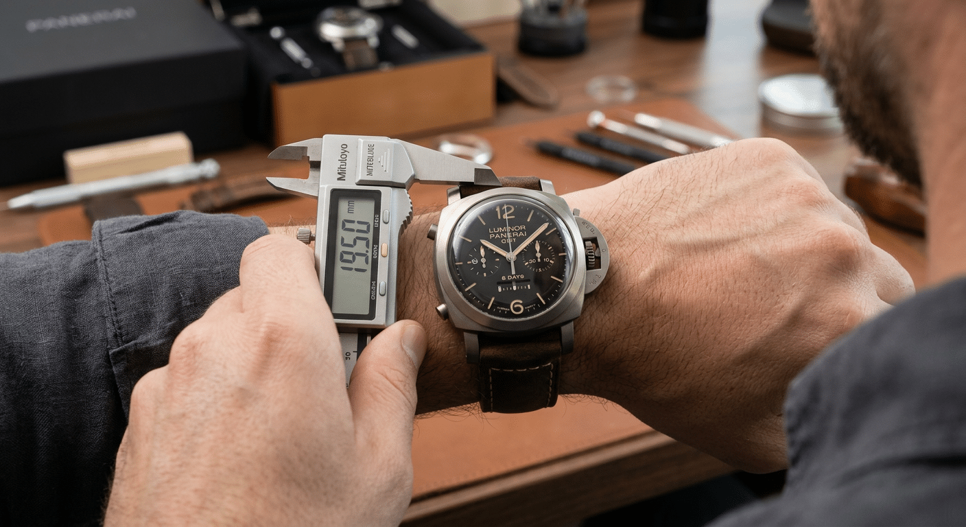 A close-up shot of a Panerai Luminor chronograph on a wrist, highlighting its prominent case and crown guard, with a digital caliper measuring its thickness.