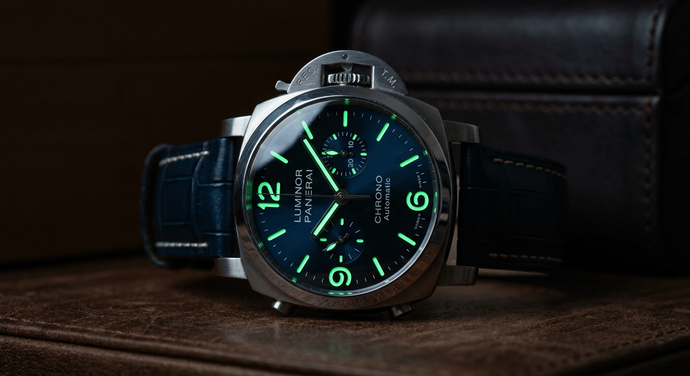 A Panerai Luminor chronograph dial glowing brightly in low light, with both main hands and hour markers clearly visible, and sub-dial elements also showing luminescence.