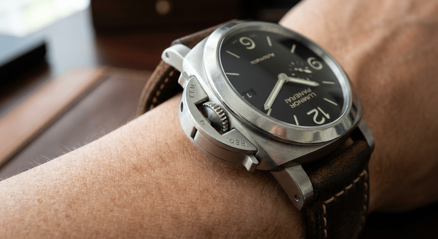 Close-up of a Panerai Luminor Destro's 9 o'clock crown guard, highlighting its position.