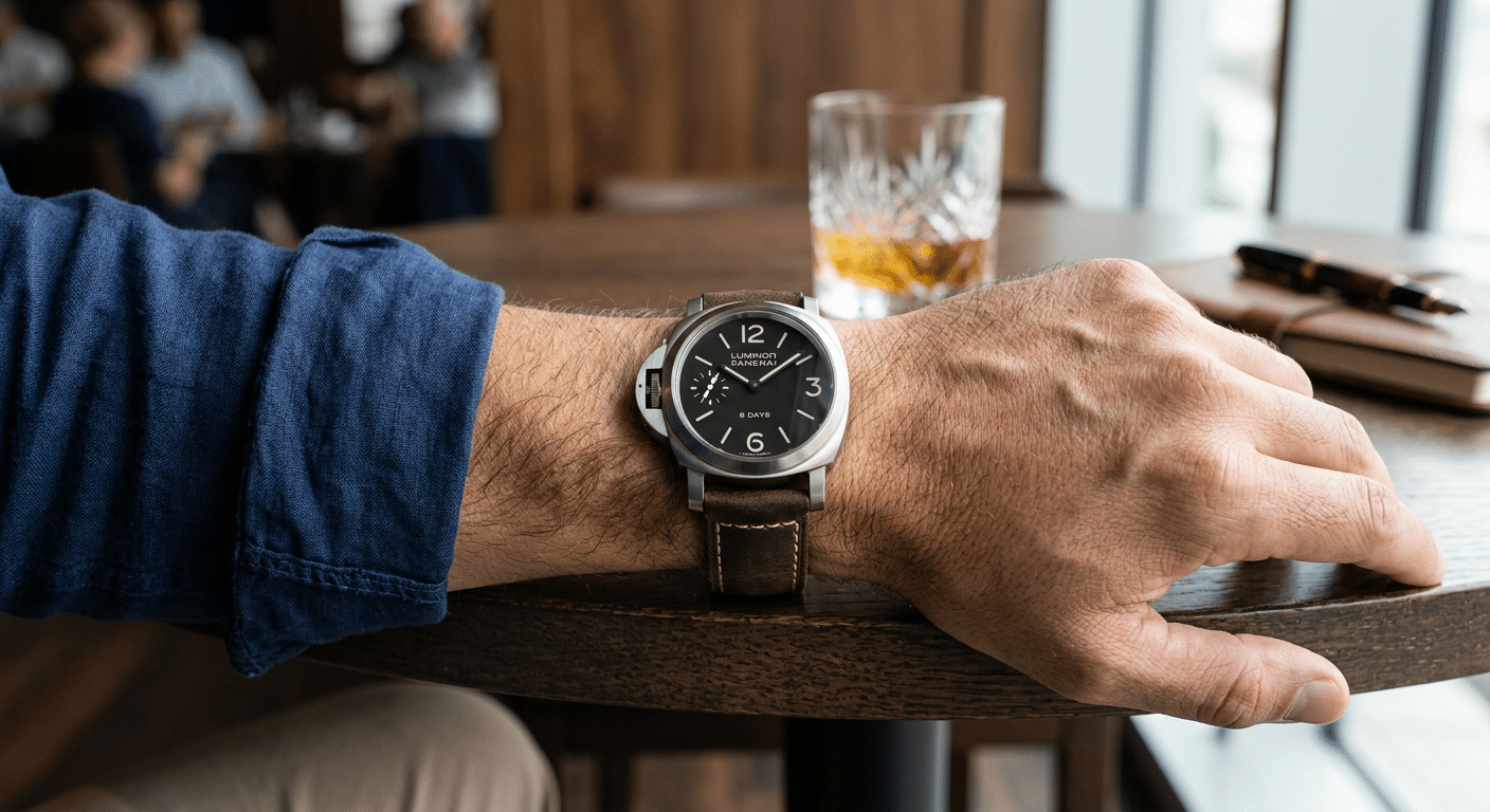 A Panerai Luminor Destro worn on a right wrist, showing the crown's position away from the hand.