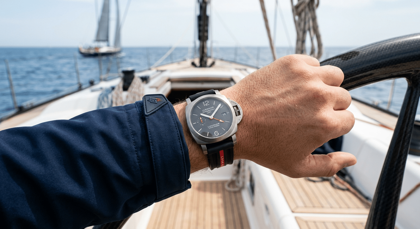 A Panerai Luminor Luna Rossa edition on a wrist, showcasing its distinctive dial and red accents.