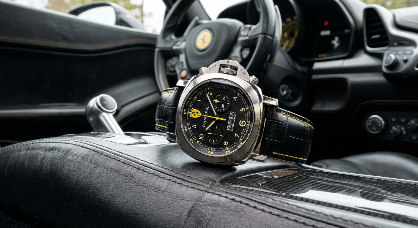 A Panerai Ferrari Granturismo Chronograph, showing its distinctive dial and automotive-inspired elements.