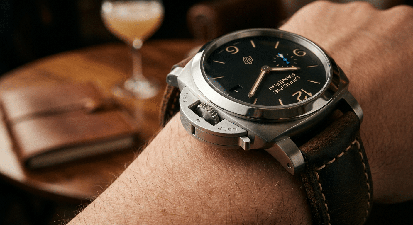 A close-up of a Panerai Luminor's crown guard, highlighting its distinctive design.