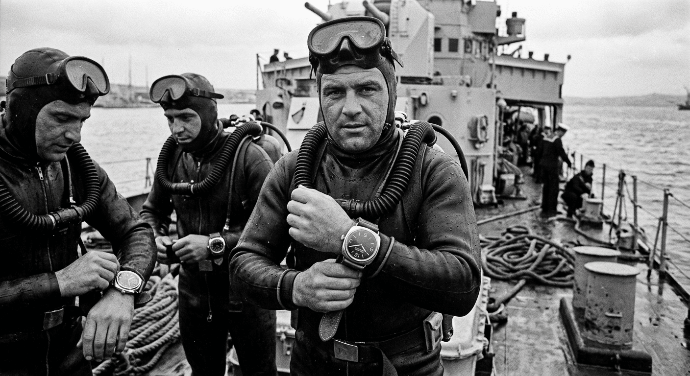 A vintage photograph of Italian Navy divers wearing early Panerai watches, highlighting the brand's military heritage.