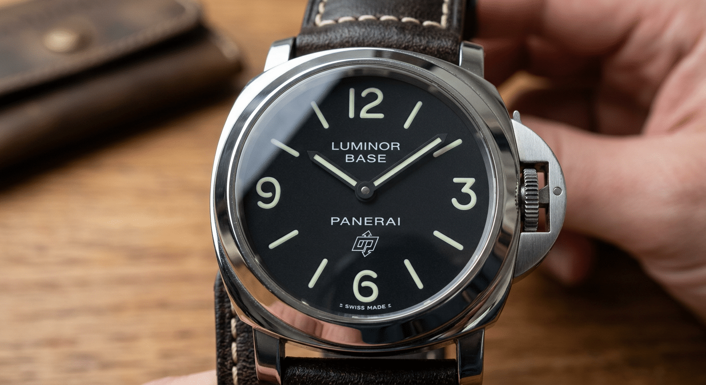 A close-up shot of the Panerai Luminor Base PAM000 dial, showing the 