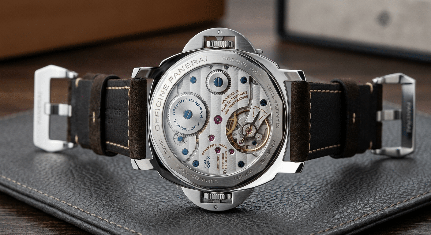 A rear view of the Panerai Luminor Base PAM112, showing the sapphire display caseback revealing the decorated movement.